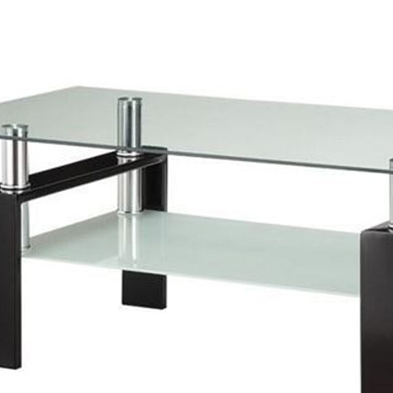 Glass Top Coffee Table with Metal Base and 1 Bottom Shelf, Clear and Black-Benzara