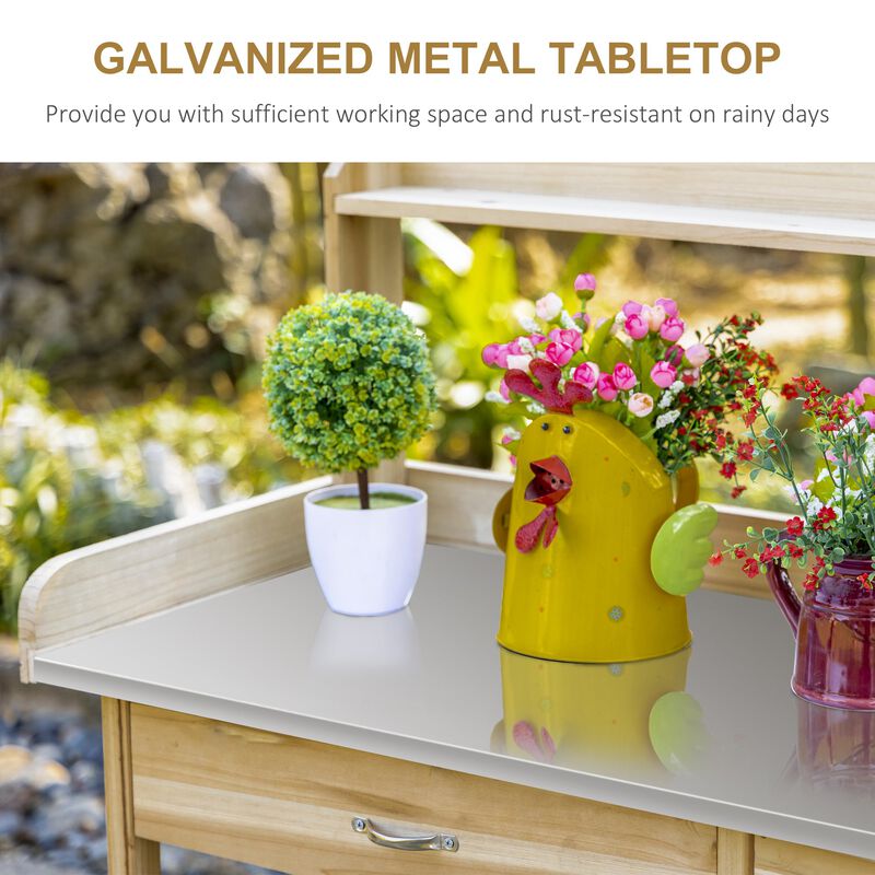 Natural Wood Garden Station: Potting Bench with Storage and Steel Top