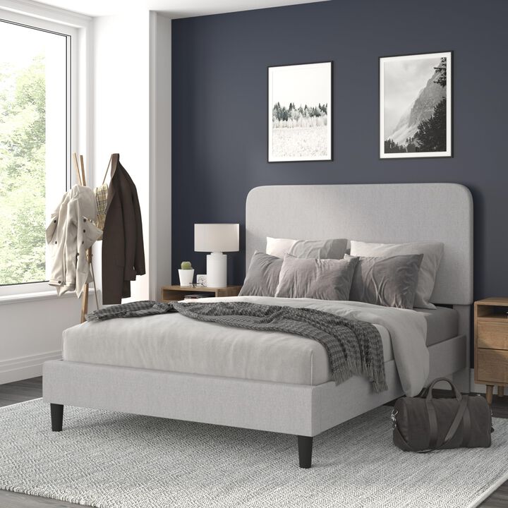 Flash Furniture Addison Platform Bed - Light Grey Fabric Upholstery - Queen - Headboard with Rounded Edges - Wood Slat Support - No Box Spring or Foundation Needed