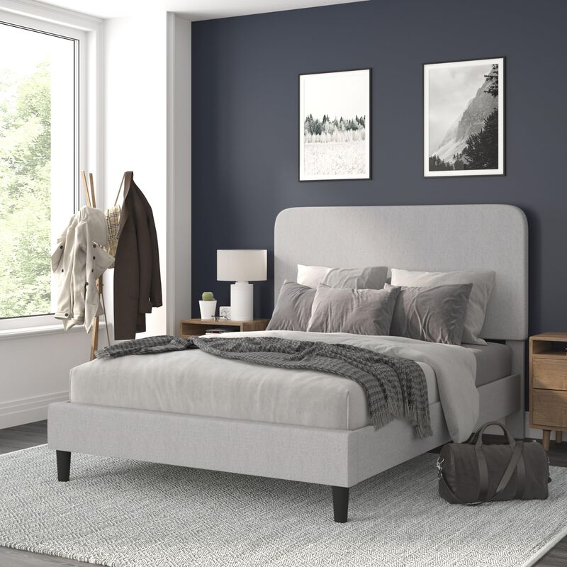 Flash Furniture Addison Platform Bed - Light Grey Fabric Upholstery - Queen - Headboard with Rounded Edges - Wood Slat Support - No Box Spring or Foundation Needed
