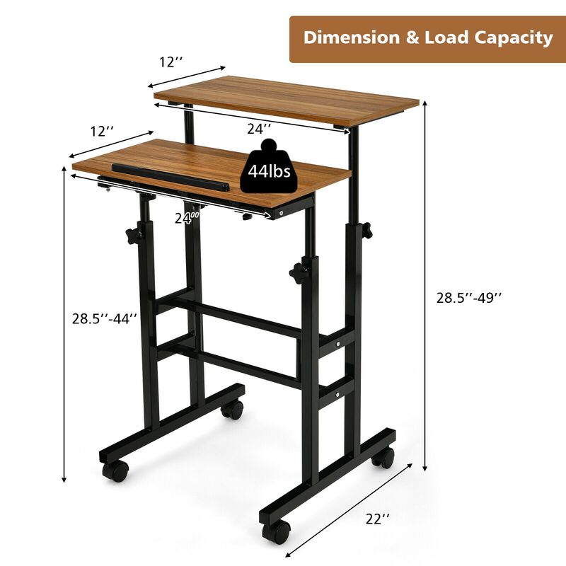 Height Adjustable Mobile Standing Desk with Rolling Wheels for Office and Home