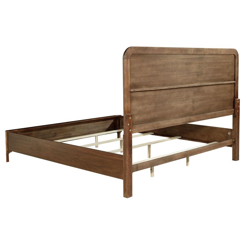 Rie Queen Bed, Taupe Gray Upholstered Headboard, Walnut Brown Wood - Benzara