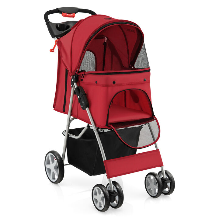 Folding Pet Stroller with Storage Basket and Adjustable Canopy-Gray