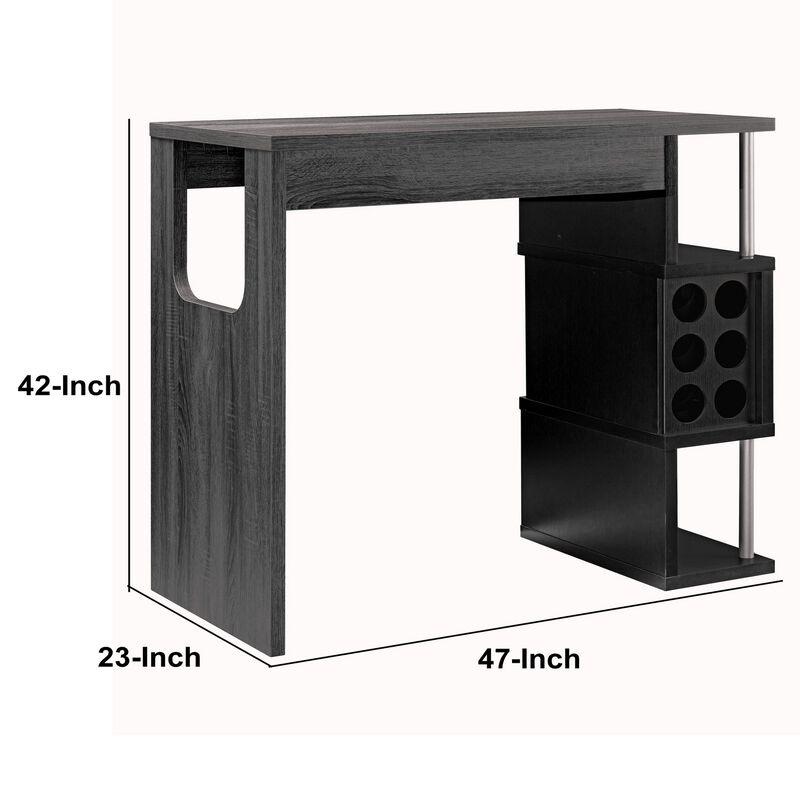 Transitional Style Wooden Bar Table with 3 Tier Side Shelves, Gray-Benzara