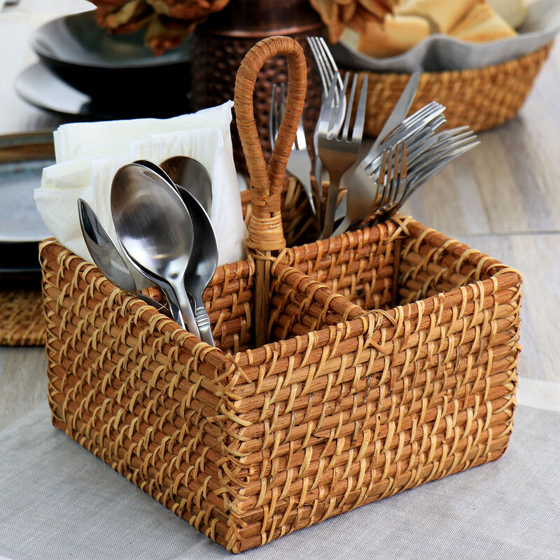 Martha Stewart 8 Inch Rattan Woven Four Section Flatware Caddy in Brown
