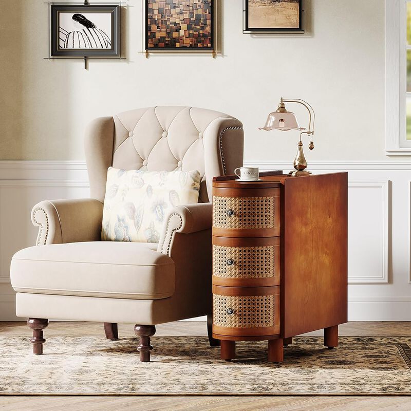 Office Reception Desk, 3-Drawer Rattan End Table, Sofa Side Table with Vintage Embossed Handles, Slim Nightstand for Living Room, Bedroom