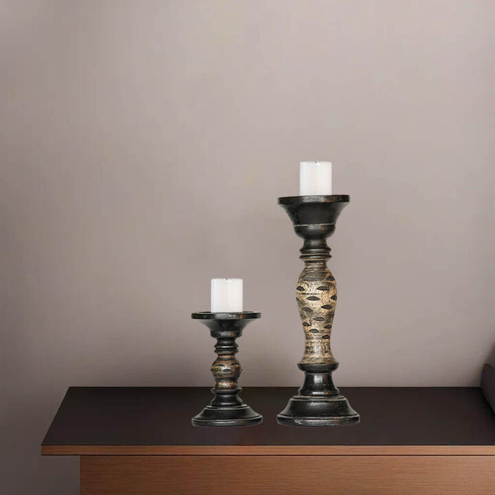 Traditional Dark Polish Eco-friendly Handmade Mango Wood Set Of Two 6" & 12" Pillar Candle Holder BBH Homes