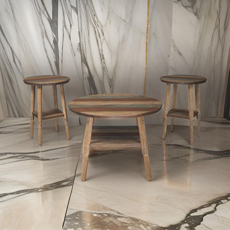Rustic Plank Style Round Shape Cocktail and 2 End Tables, Set of 3, Brown- Benzara