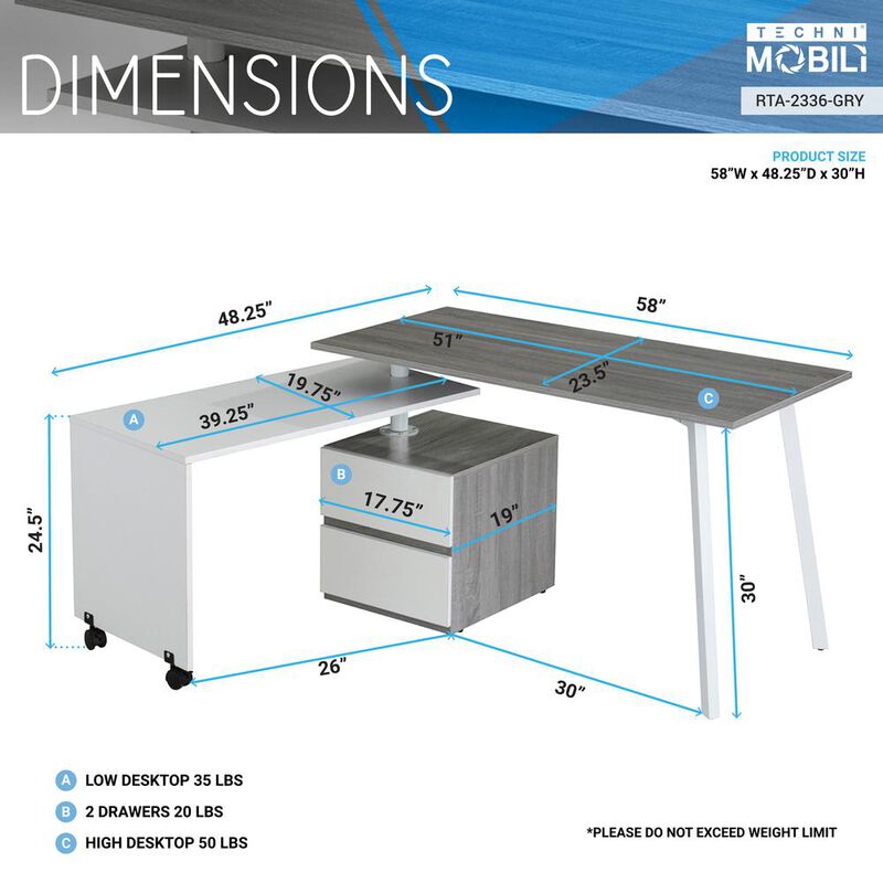 Techni Mobil Rotating Multi-Positional Modern Desk . Color: Gray