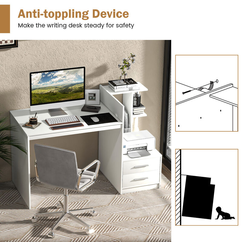Costway Computer Desk Laptop Table Writing Study Desk Home Office with Bookshelf & Drawers