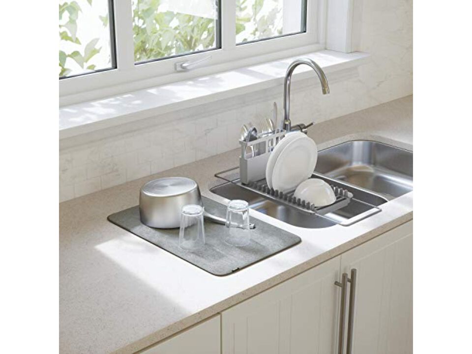 Umbra Udry Rack and Microfiber Dish Drying Mat-Space-Saving Lightweight Design Folds Up for Easy Storage, Over The Sink, Charcoal