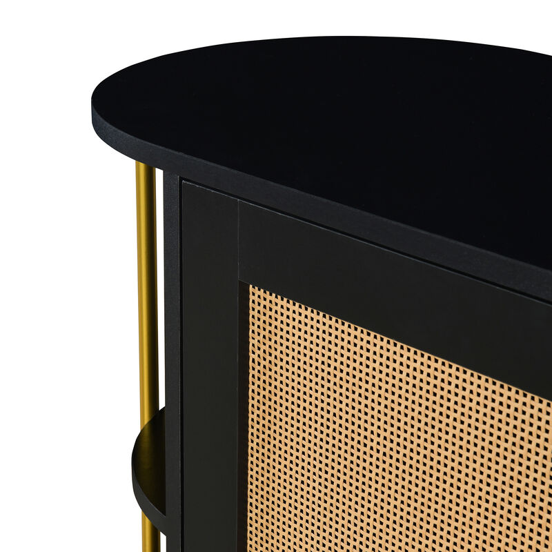Clihome 2-Door Elegant Curved Dining Cabinet with Gold Trim and Woven Rattan Doors for Dining Room (Black)