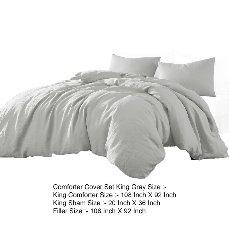 Edge 4 Piece King Size Duvet Comforter Set, Washed Linen, Cotton, Soft Gray - Benzara