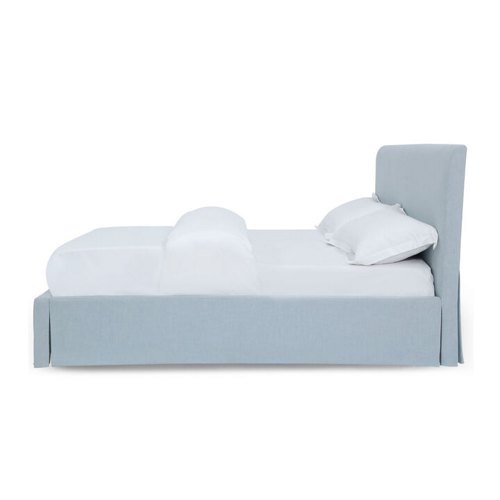 Kayla California King Storage Bed, Gray Linen Upholstery, Skirted Base - Benzara