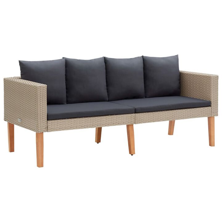 Outdoor Sofa, Beige Rattan, Gray Fabric Cushions, Brown Wood, 65 Inch - Benzara