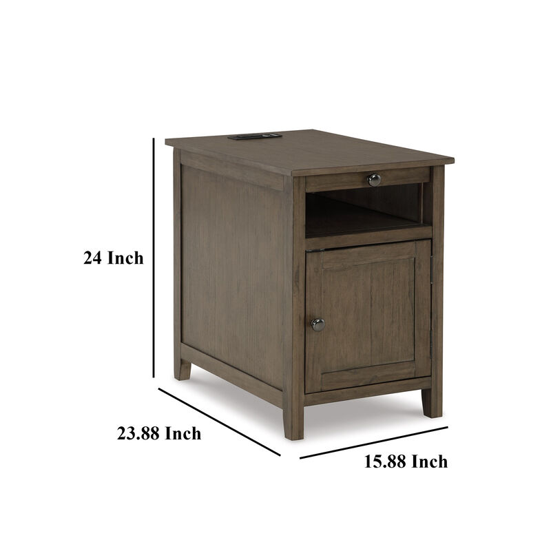 Gena Side End Table, Shelf and Pull Out Tray, Gray Brown Wood 24 Inch - Benzara
