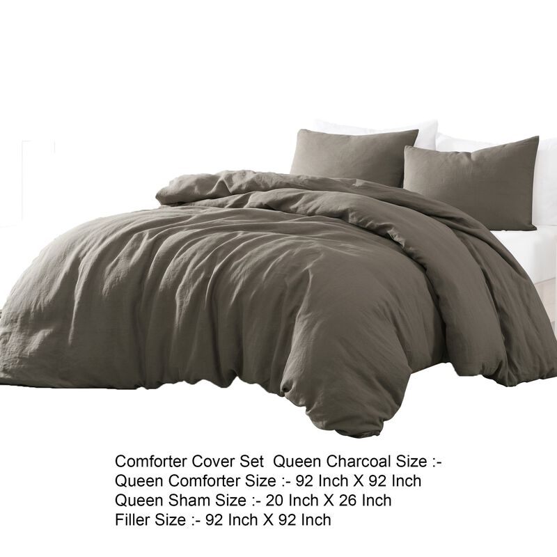 Edge 4 Piece Queen Size Duvet Comforter Set, Washed Linen, Charcoal Gray - Benzara