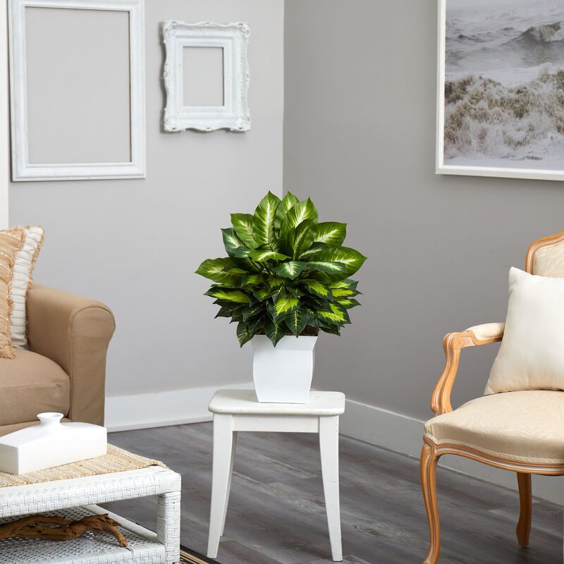 Hivvago 2" Golden Dieffenbachia Artificial Plant in White Metal Planter