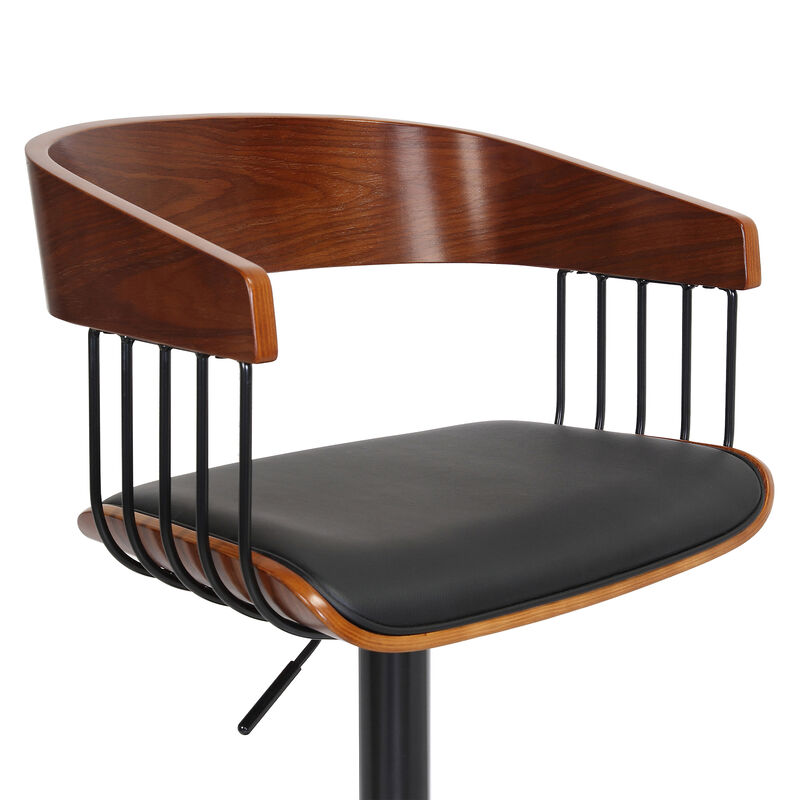 Larisa Adjustable Walnut Wood Stool in Black Faux Leather with Black Metal