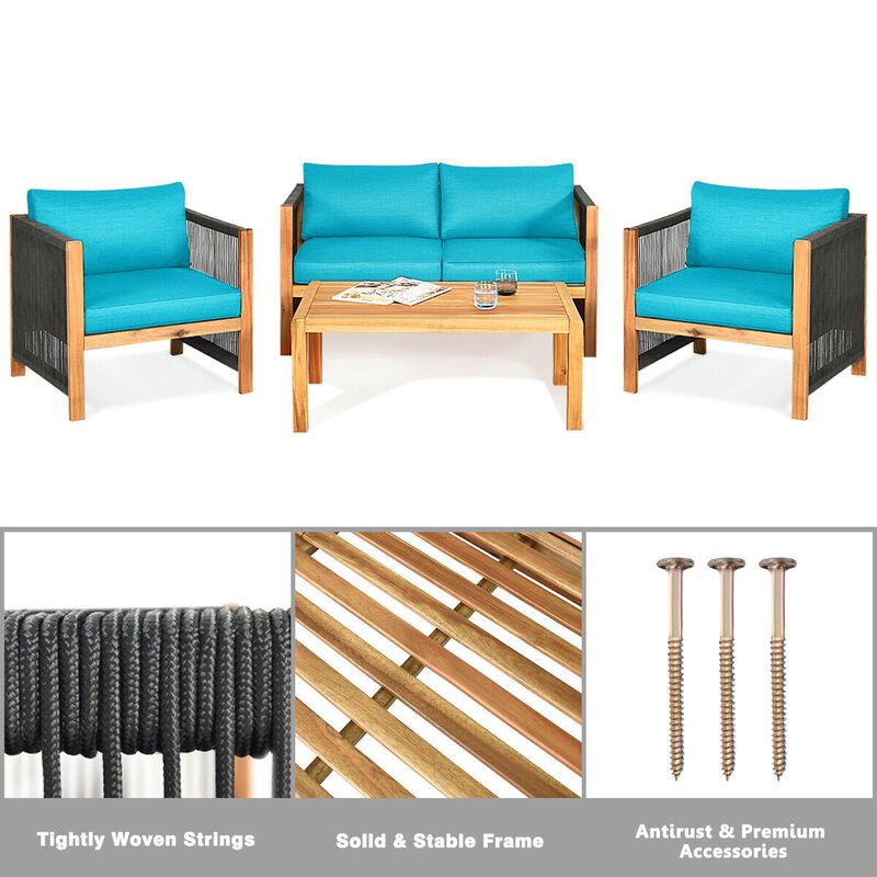 4 Pieces Acacia Wood Sofa Set with Cushions for Outdoor Patio-Blue