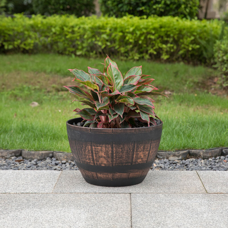 Brown Outdoor Rustic Half Barrel Flower Garden Planter Bowl, Plastic, Medium