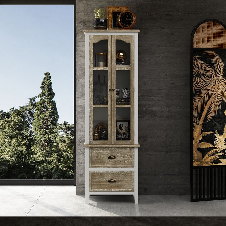 FUFU&GAGA Modern Tall Kitchen Pantry Cabinet with Glass Doors and Drawers for Dining Room Storage, (23.6" W x 73" H x 15.7" D), White & Brown