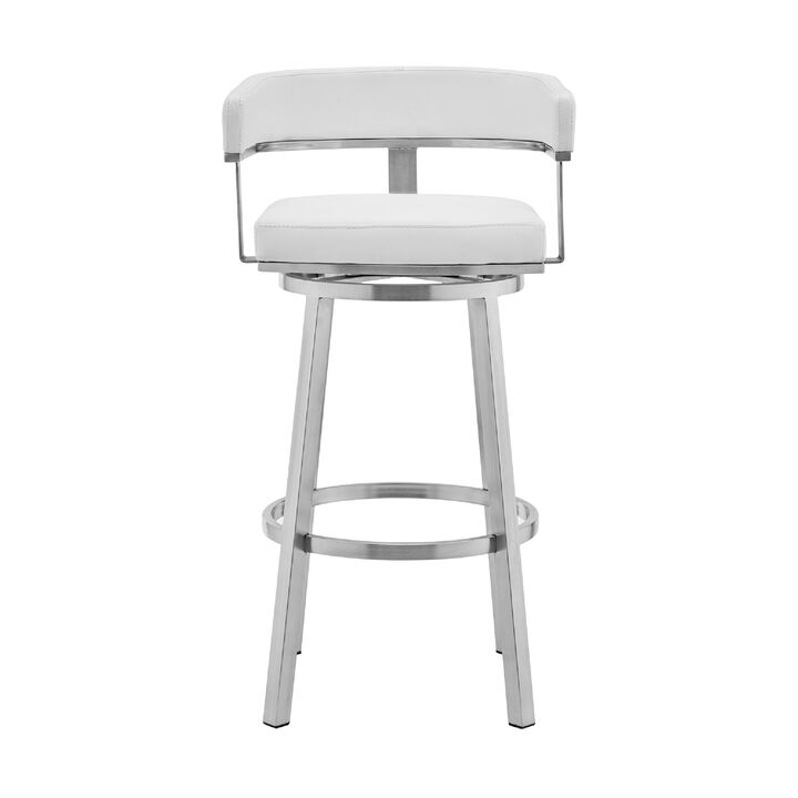 Swivel Barstool with Open Curved Back and Metal Legs, White and Silver - Benzara