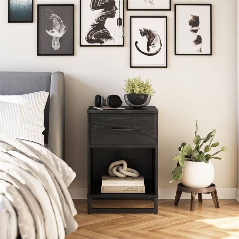 Hivvago Modern 1-Drawer Bedroom Nightstand in Rustic Black Wood Finish with Metal Legs