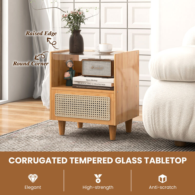 Bamboo Rattan Nightstand with Drawer and Solid Wood Legs