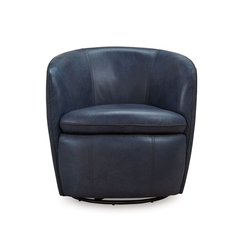 Niko Swivel Accent Chair, Round Barrel Design, Blue Top Grain Leather -
