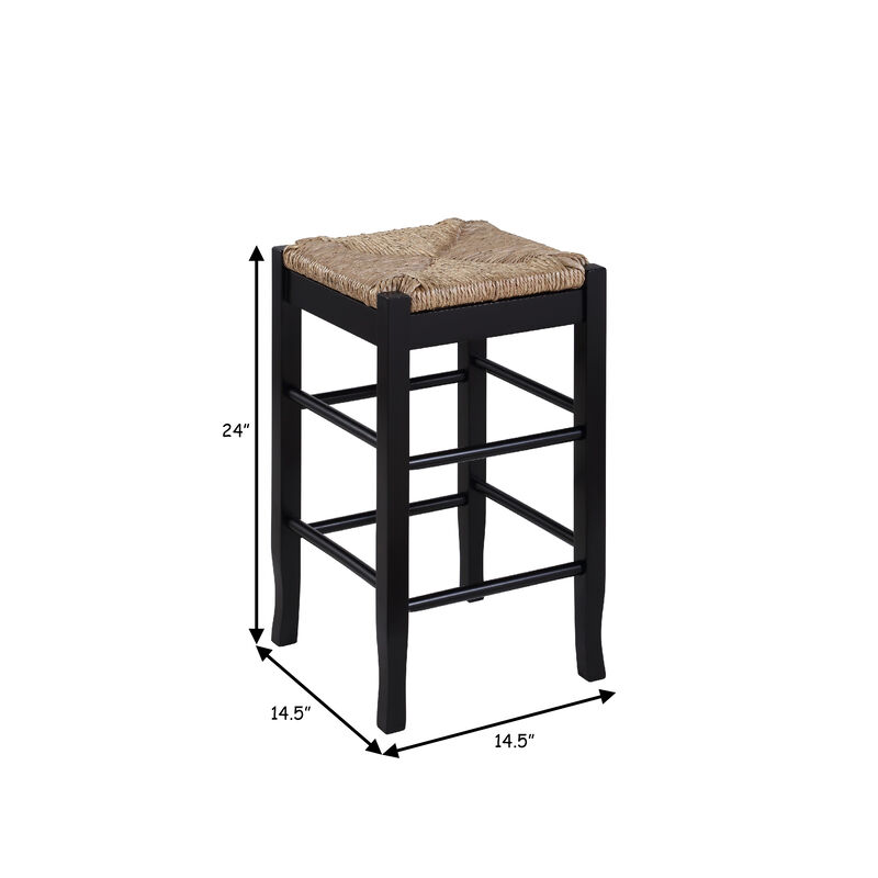 Chris 24 Inch Counter Stool with Wood Frame, Handwoven Rush Seat, Black-Benzara