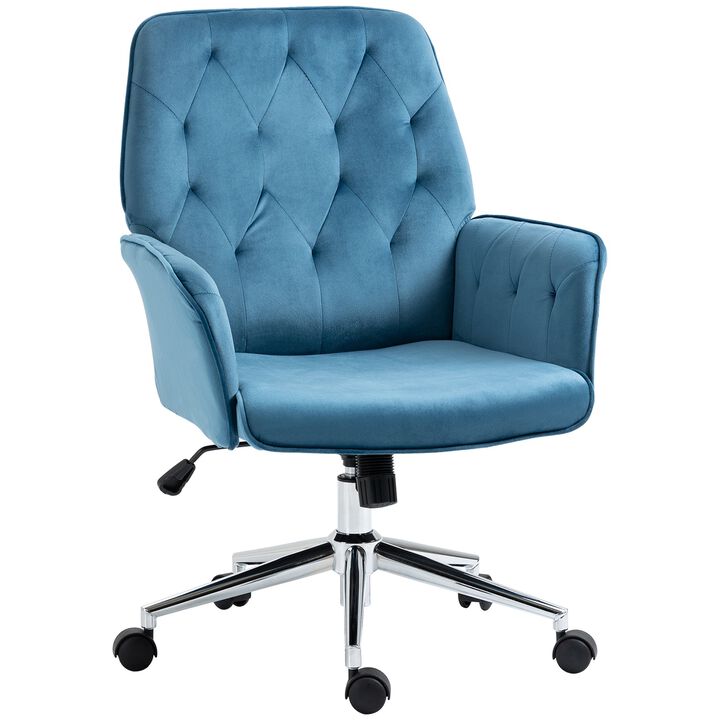 Blue Task Chair: Modern Mid-Back Tufted Linen Fabric Office Chair