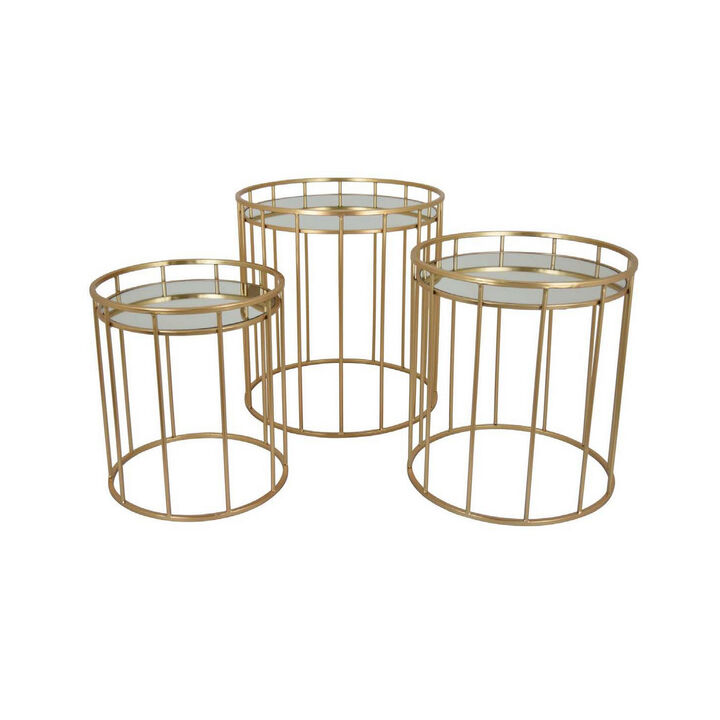 20 Inch Plant Stand Table Set of 3, Gold Metal Frame, Mirror Tray Top - Benzara