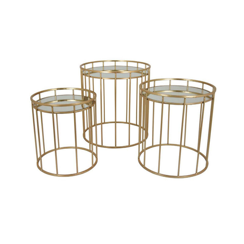 20 Inch Plant Stand Table Set of 3, Gold Metal Frame, Mirror Tray Top - Benzara