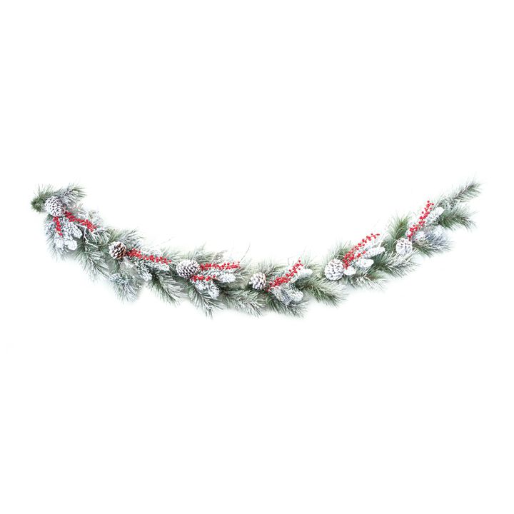 Snowy Pine with Berry Garland 6'L PVC for Holiday and Winter Decor