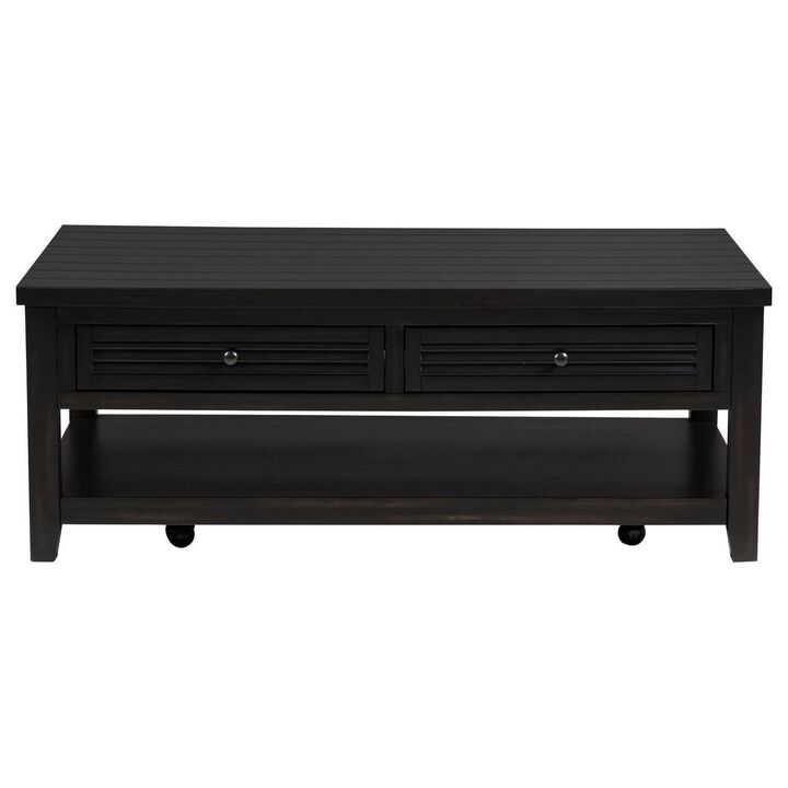 Coni Coffee Table, 2 Drawers, 1 Shelf, Black Wood Frame, 48 Inch - Benzara