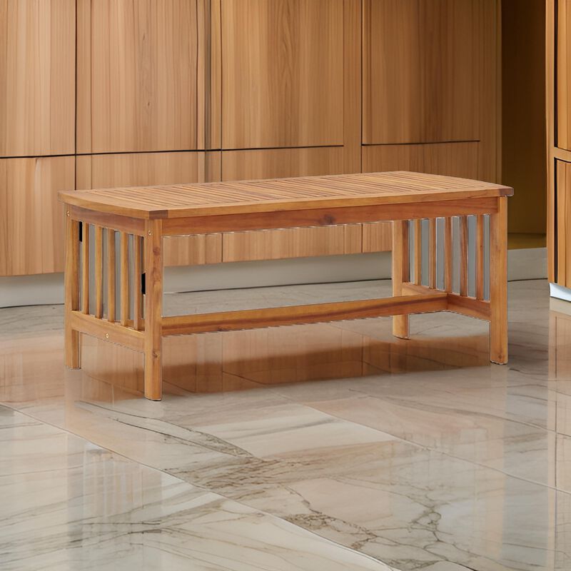 Mia Coffee Table, Brown Acacia Wood, Slatted Rectangular 40 Inch - Benzara