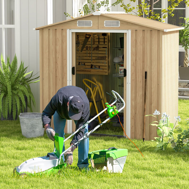 Weather Resistant Galvanized Steel Shed with Tilted Roof for Backyard Garden Patio Lawn-Natural