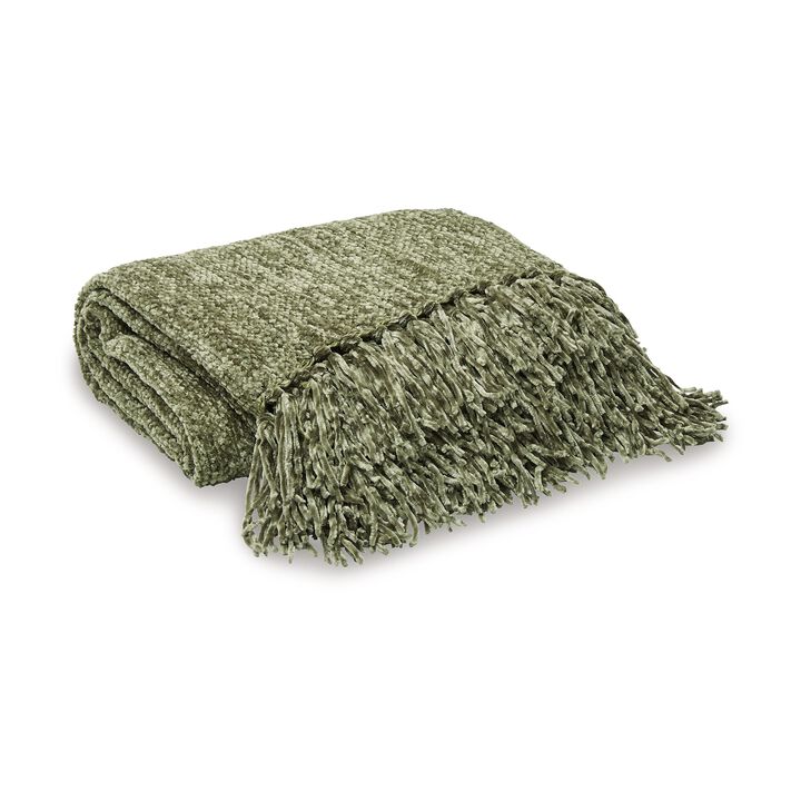 Emily Throw Blanket Set of 3, Textured Woven Knotted Fringe Green Polyester - Benzara