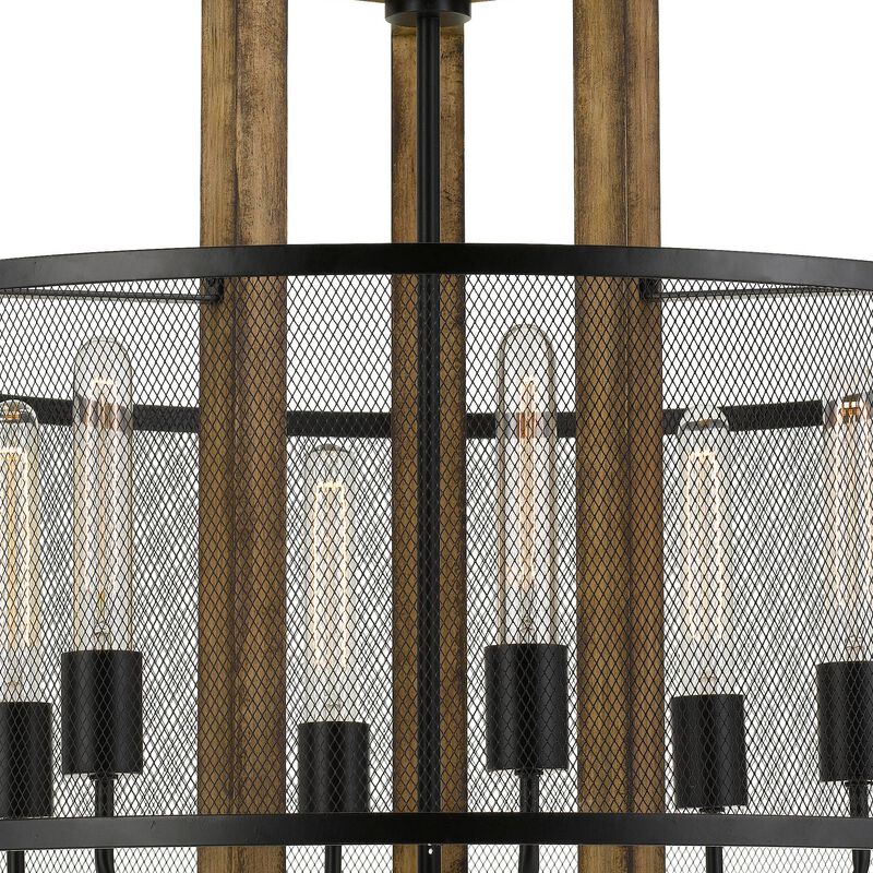 60 X 6 Wooden Chandelier with Round Metal Mesh Shade, Black and Brown-Benzara