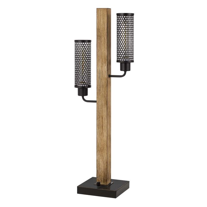 Wooden Table Lamp with 2 Metal Mesh Shades, Brown and Black-Benzara