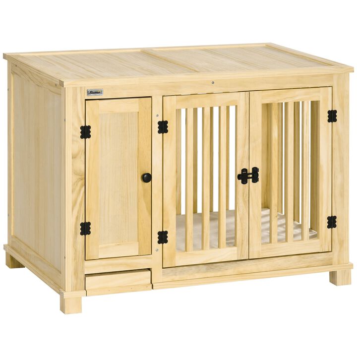 Natural Pet Furniture: Stylish Wooden Dog Crate with Cushion & Drawer