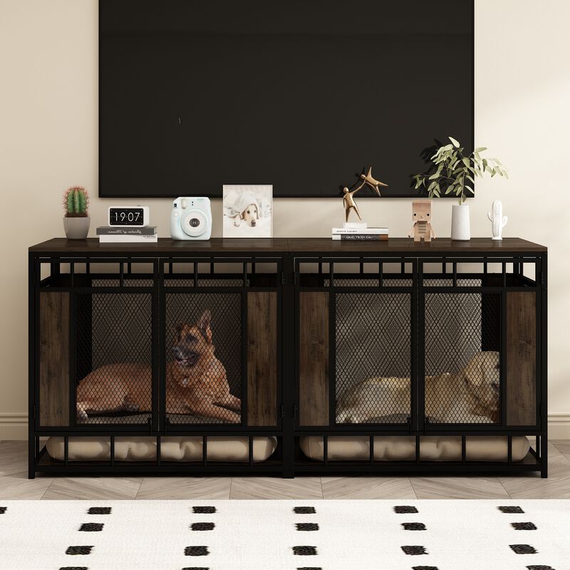 Dog House Large Pet Crate Furniture, Indoor Mesh and Wooden Dog Kennels for 2 Medium or Large Dogs, Walnut and Black
