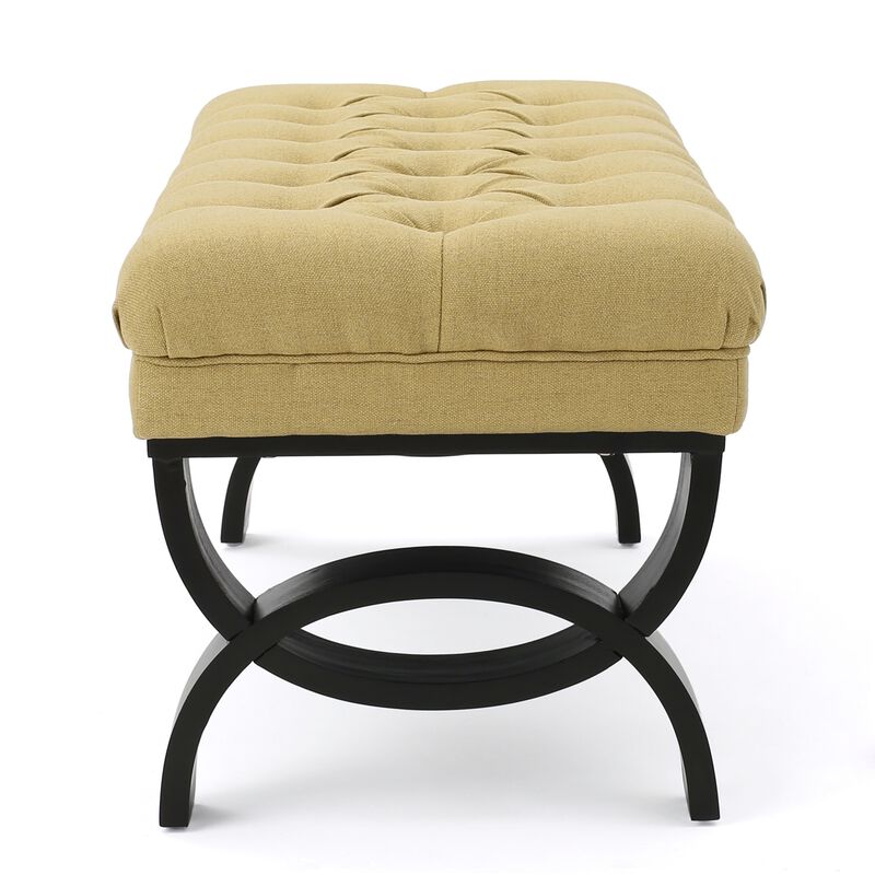 Riam Ottoman Bench, 41 Inch, Button Tufted, Yellow, Half Circle Legs - Benzara