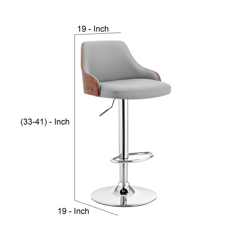 Faux Leather and Metal Adjustable Bar Stool, Gray and Silver-Benzara