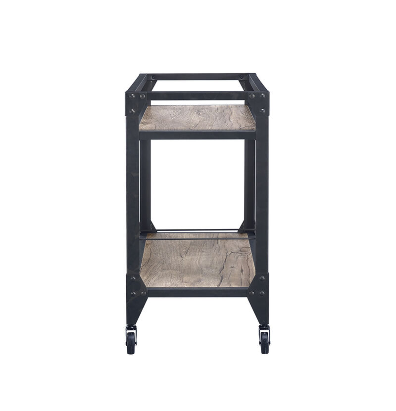 Metal Framed Serving Cart with Wooden Shelves with Wine Bottle Holder, Brown and Gray - Benzara