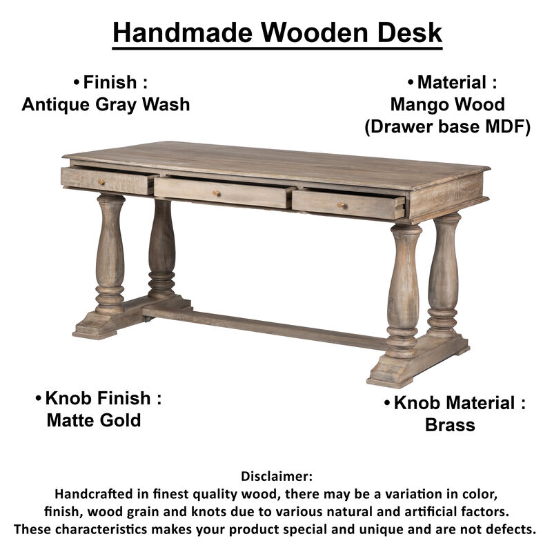 Aurice Writing Desk with Classic Turned Legs 59 Inch, Farmhouse Antique Graywash Mango Wood