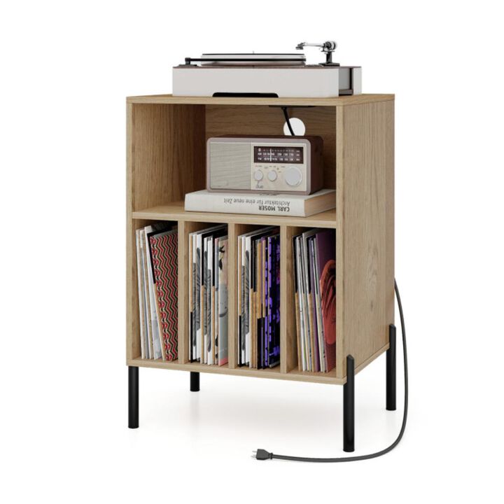Hivvago Record Player Stand with Record Storage Shelf and Charging Station