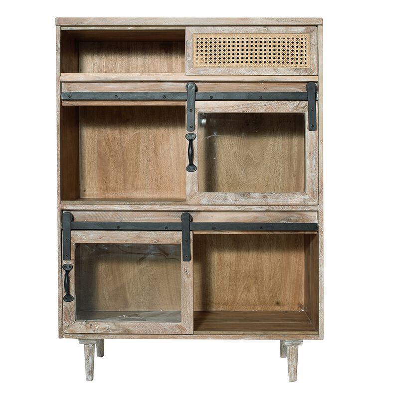 47 Inch Sideboard Server Cabinet, Sliding Doors, Iron, Sandblast White Wood - Benzara