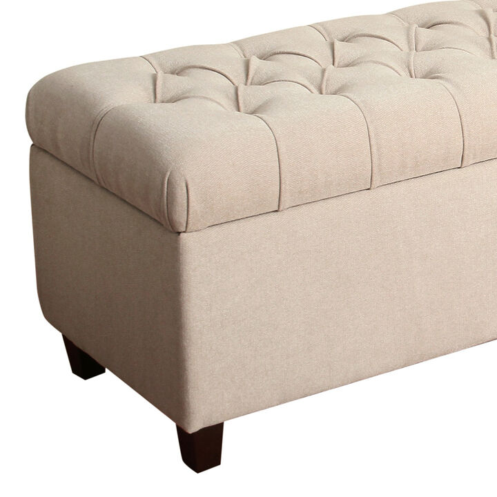 Fabric Upholstered Button Tufted Wooden Bench With Hinged Storage, Cream and Brown - Benzara